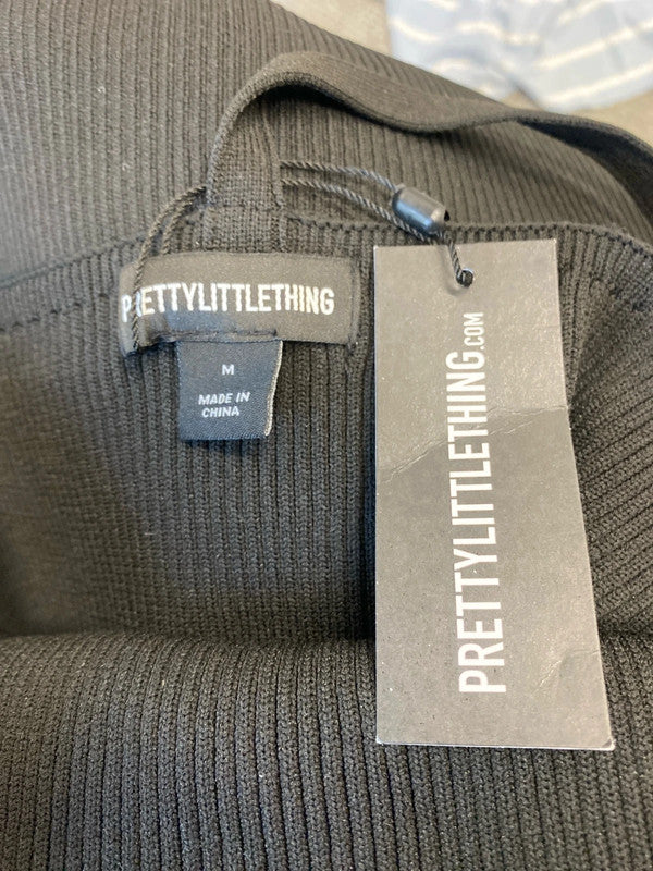 Stunning Pretty Little Thing black one shoulder rib knitted maxi UkM LT272