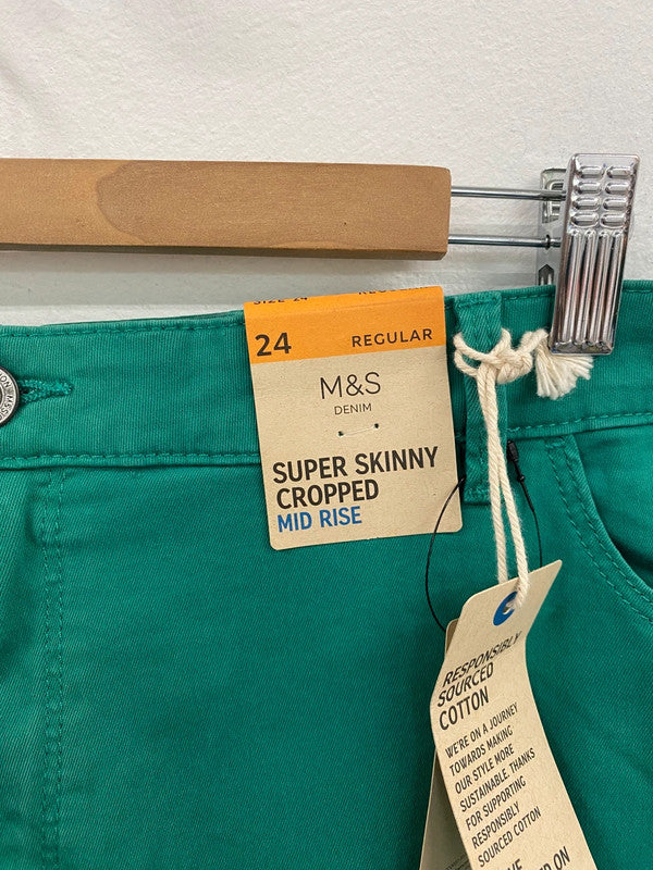Fabulous M&S Emerald Green Mid Rise Cropped Skinny Jeans UK24 HB452