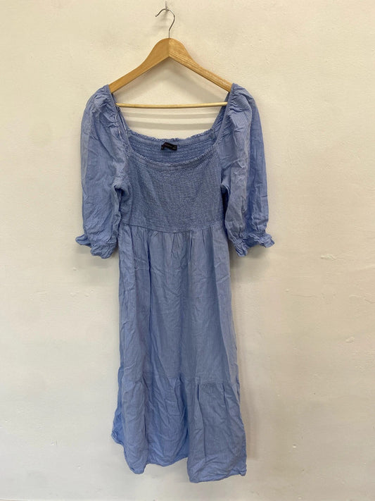 Fabulous Marks & Spencer blue striped linen midi dress UK 14 AT002