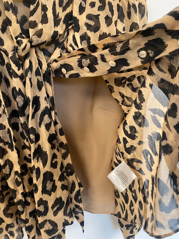 Fabulous L.K.Bennett Silk Pussy bow animal print Blouse Uk16 Beige & Black jF463