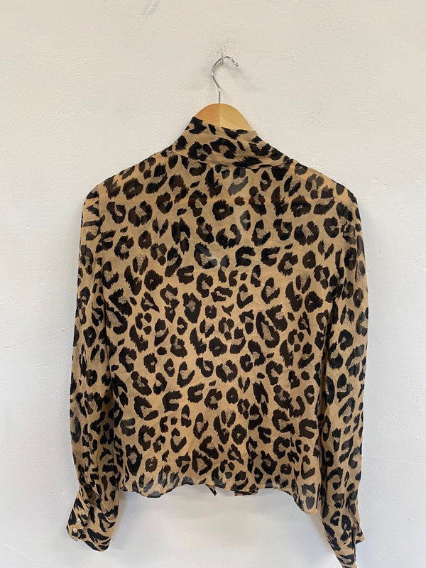 Fabulous L.K.Bennett Silk Pussy bow animal print Blouse Uk16 Beige & Black jF463