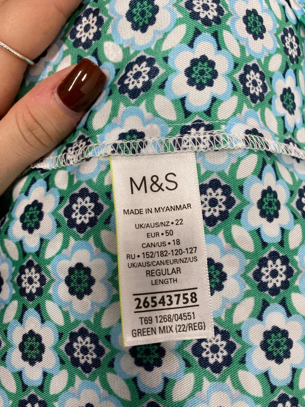 Gorgeous Marks & Spencer green blue floral midi dress boho UK 22 CC001
