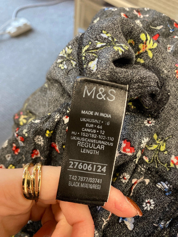 Gorgeous Marks & Spencer black floral midaxi smock dress UK 16 EP468