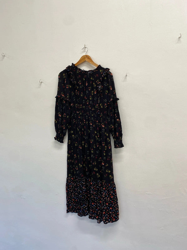 Gorgeous Marks & Spencer black floral midaxi smock dress UK 16 EP468
