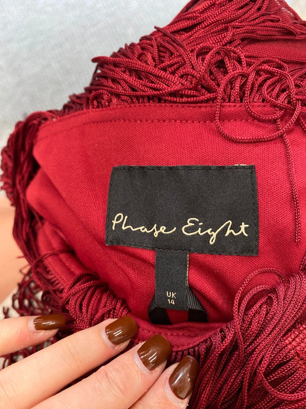 Fabulous Phase Eight fringe Kacy Midi Dress UK 14 Burgundy EP468