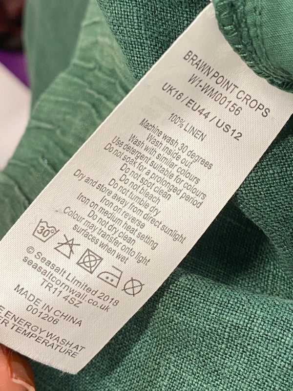 Gorgeous sea salt Cornwall linen green cropped trousers UK 16 JC470