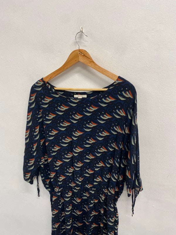 Gorgeous white stuff navy pattern midi dress cottage UK 16 JC470