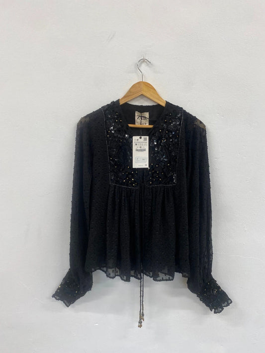 Fabulous Zara sequin open top jacket UkM Black Semi sheer KB474