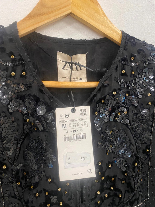Fabulous Zara sequin open top jacket UkM Black Semi sheer KB474