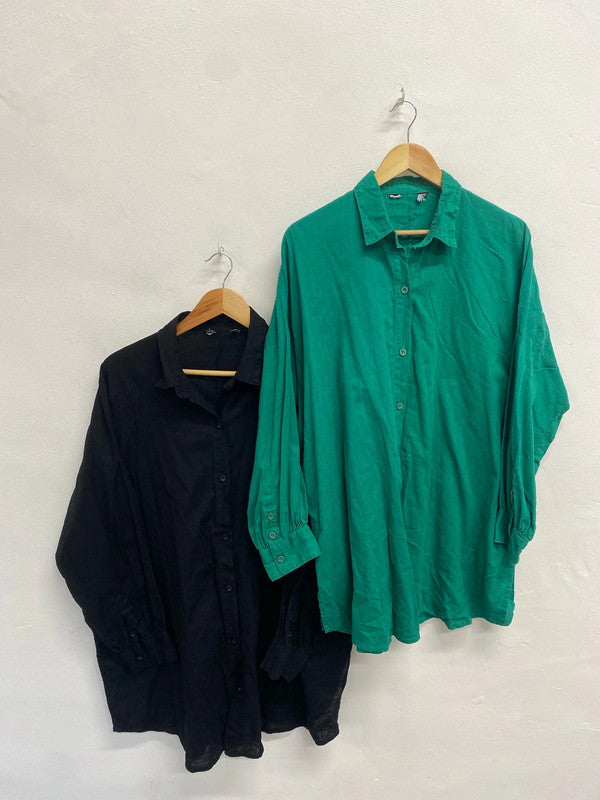 Fabulous duo of linen blend longline shirts tunic Black green 16-18 #1 CF477