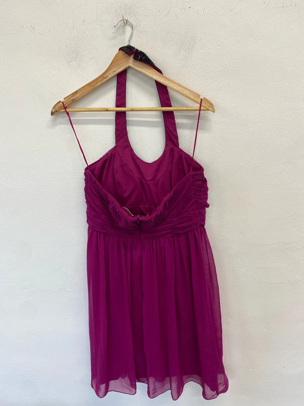 Mikael Aghal Womens Beaded Pleated Halter Neck Mini Gown Fuschia UK 10 KN003