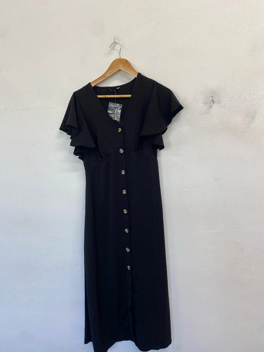 Lovely Matalan button up black frill short sleeve maxi dress UK 12 AO001