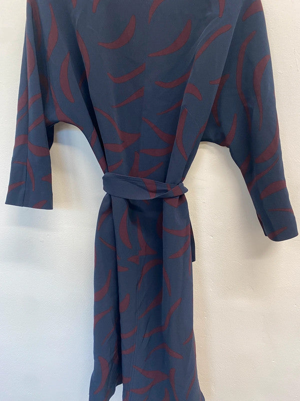 Stunning Jasper Conran navy burgundy pattern midi tie waist dress UK 14 MD002