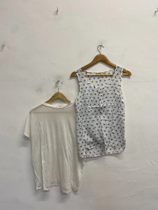 Lovely duo of summer tops mango Jack wills white blue floral UK S AG006