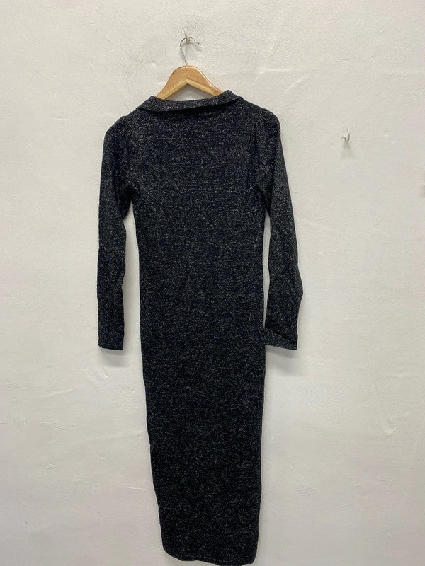Stunning dancing leopard black metallic yarn long sleeve midi dress plat UK 10 KS002
