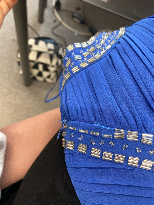 Lovely quiz electric blue silver beaded prom dress UK 8 GK002