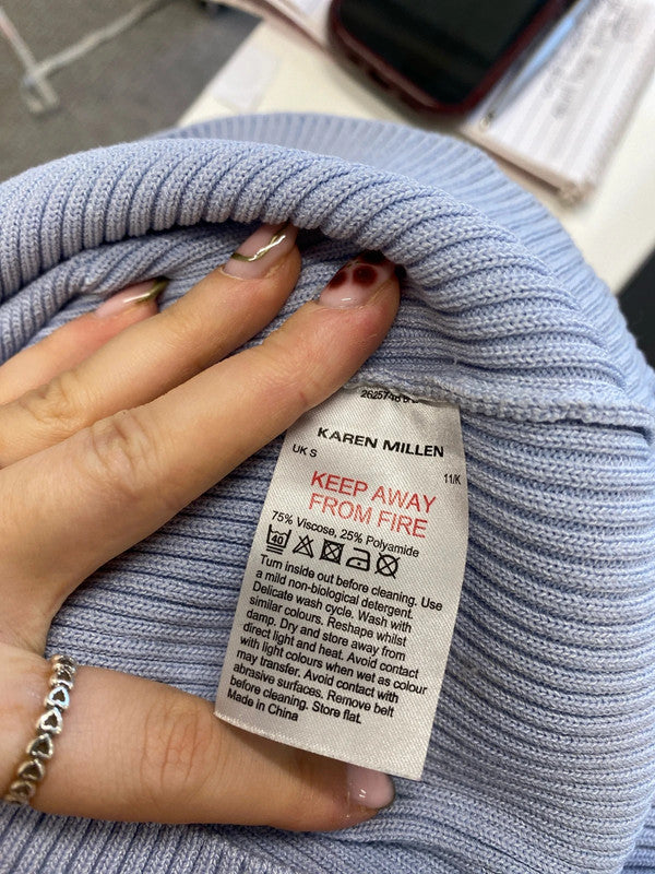 Lovely Karen Millen blue crochet low bust belted top UK S JM005