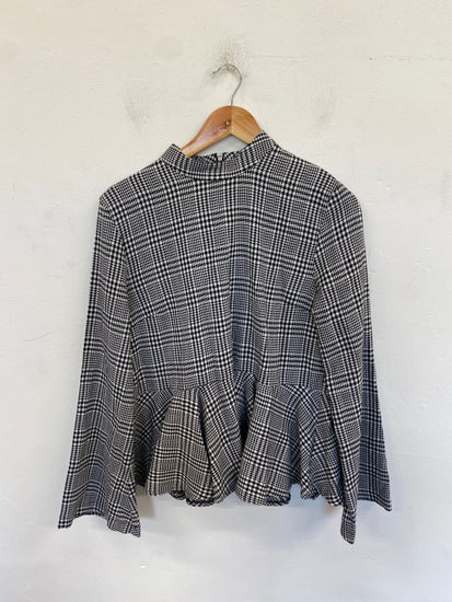 Fabulous Topshop Peplum Blouse UK 14 Black and White Houndstooth LB001