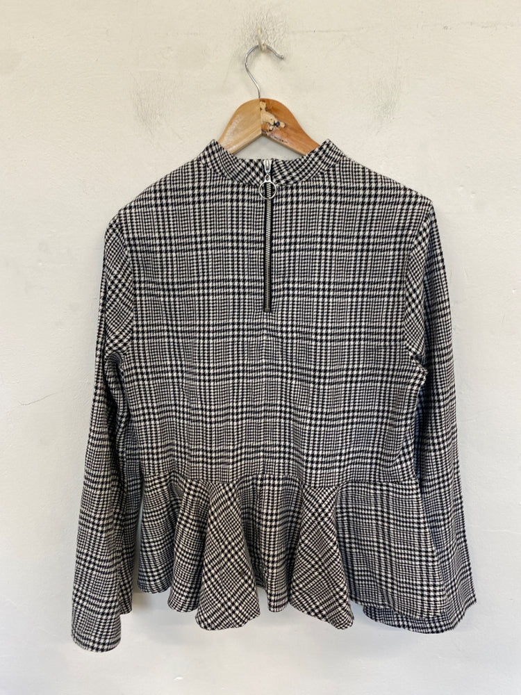 Fabulous Topshop Peplum Blouse UK 14 Black and White Houndstooth LB001