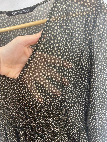 Fabulous Zara Semi Sheer Dress XS Black and Beige Polkadot RG020