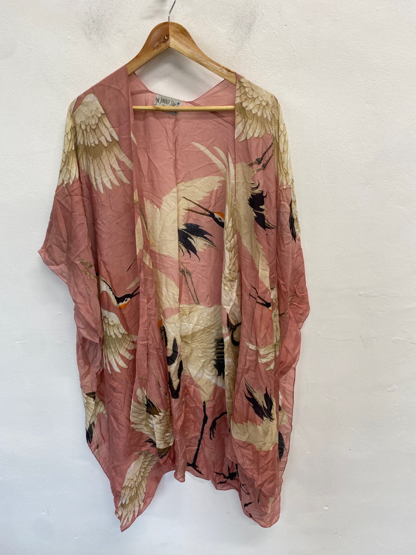 Gorgeous One Hundred Stars Kimono S Pink and beige bird print semi sheer holiday vibe RG020