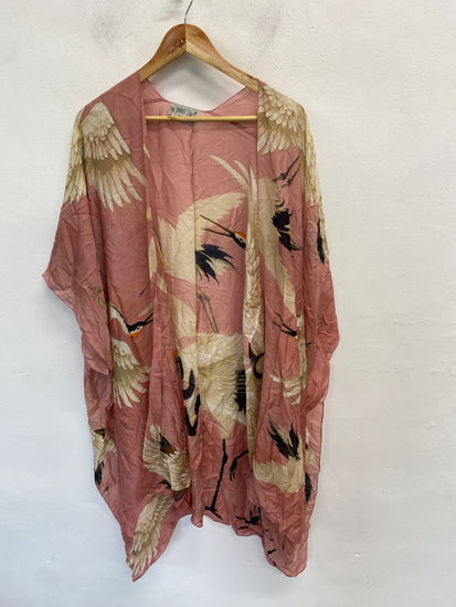 Gorgeous One Hundred Stars Kimono S Pink and beige bird print semi sheer holiday vibe RG020