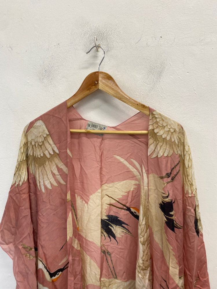 Gorgeous One Hundred Stars Kimono S Pink and beige bird print semi sheer holiday vibe RG020