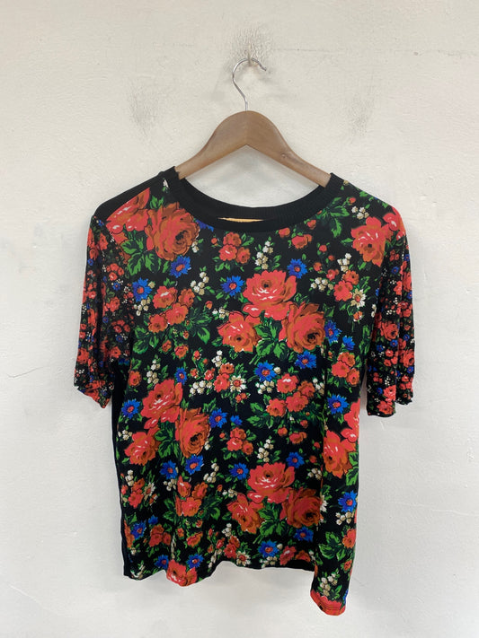 Stunning Warehouse Top UK 16 Black & Red Floral Print KM001
