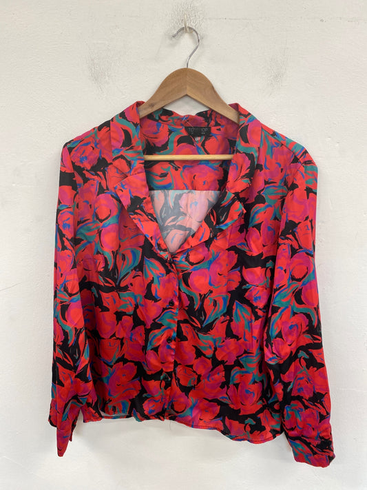 Gorgeous Topshop Satin Blouse UK 16 Red Multicolour Artsy Pattern KM001