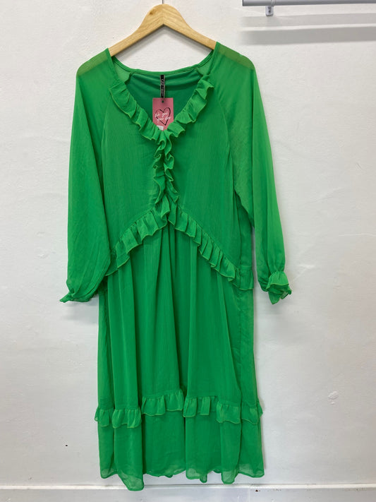 Gorgeous Golden Days Paris Midi Dress XL Emerald Green Romantic floaty KM001
