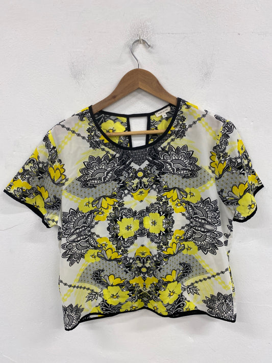 Stunning River Island Boho Blouse UK 14 Yellow & Black Paisley Print KM001
