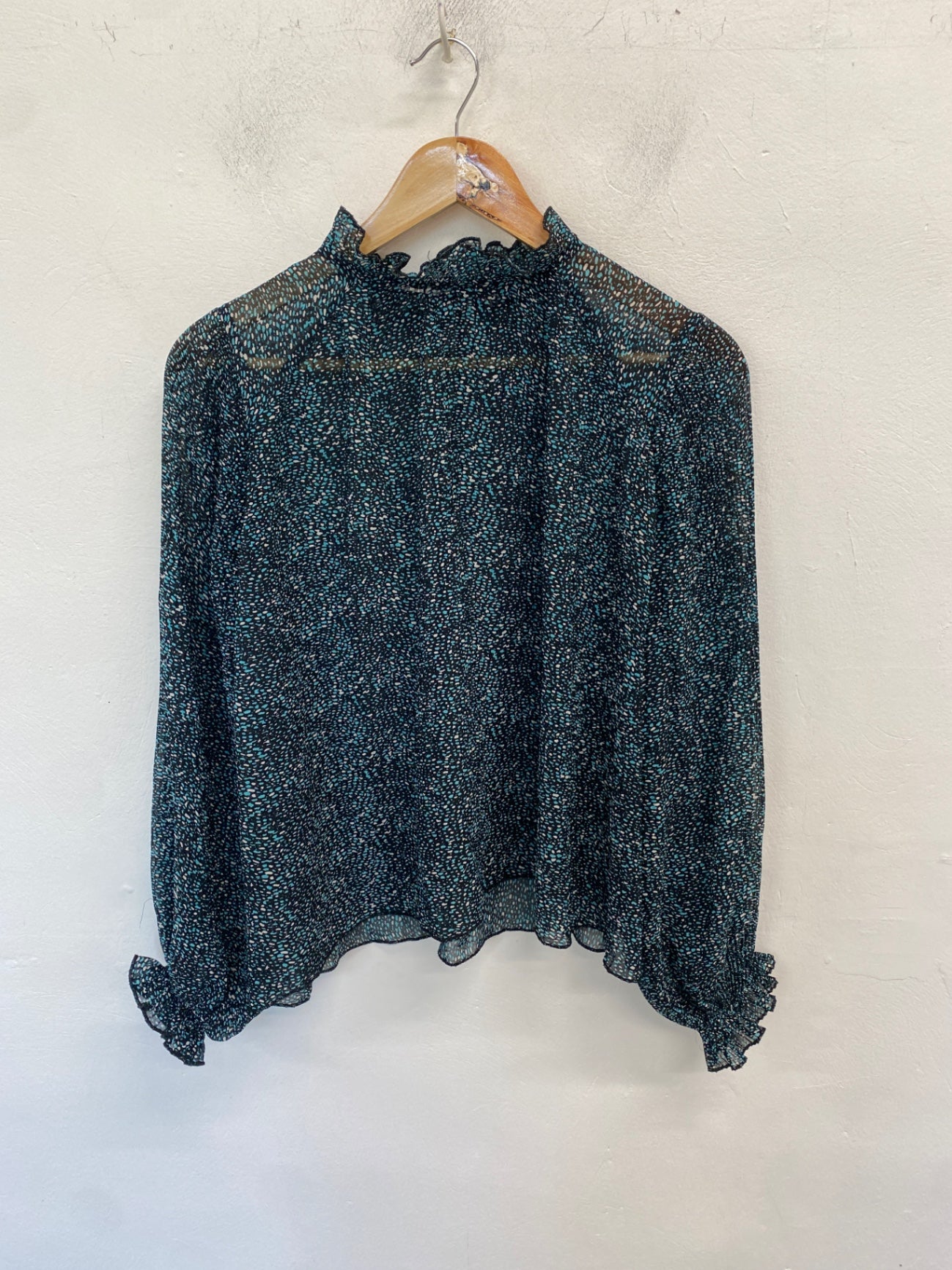 Stunning Zara Blouse Uk s Blue black spotted semi sheer AM011
