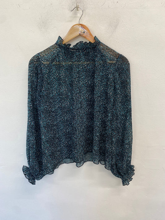 Stunning Zara Blouse Uk s Blue black spotted semi sheer AM011
