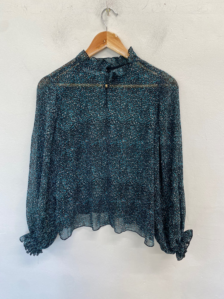 Stunning Zara Blouse Uk s Blue black spotted semi sheer AM011