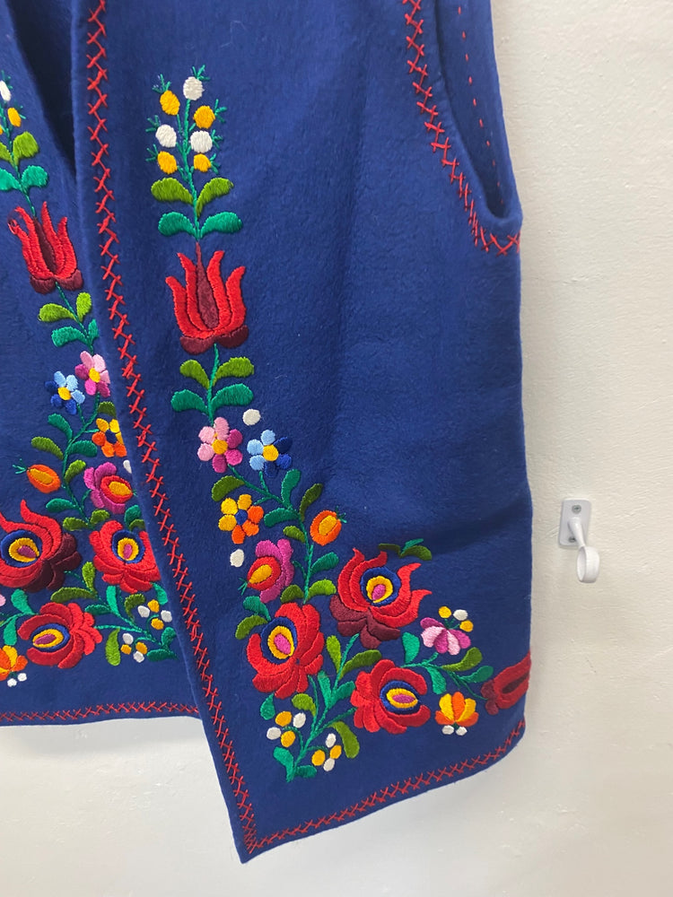 Vintage Hungarian Folk felt embroidered Waistcoat L Blue Boho KM001