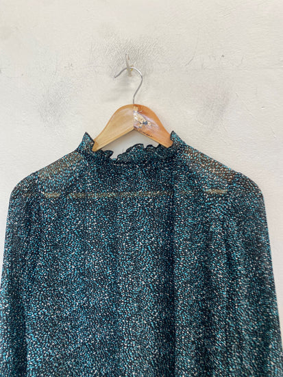 Stunning Zara Blouse Uk s Blue black spotted semi sheer AM011