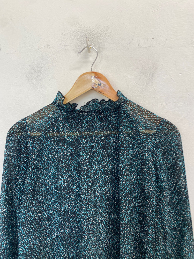 Stunning Zara Blouse Uk s Blue black spotted semi sheer AM011
