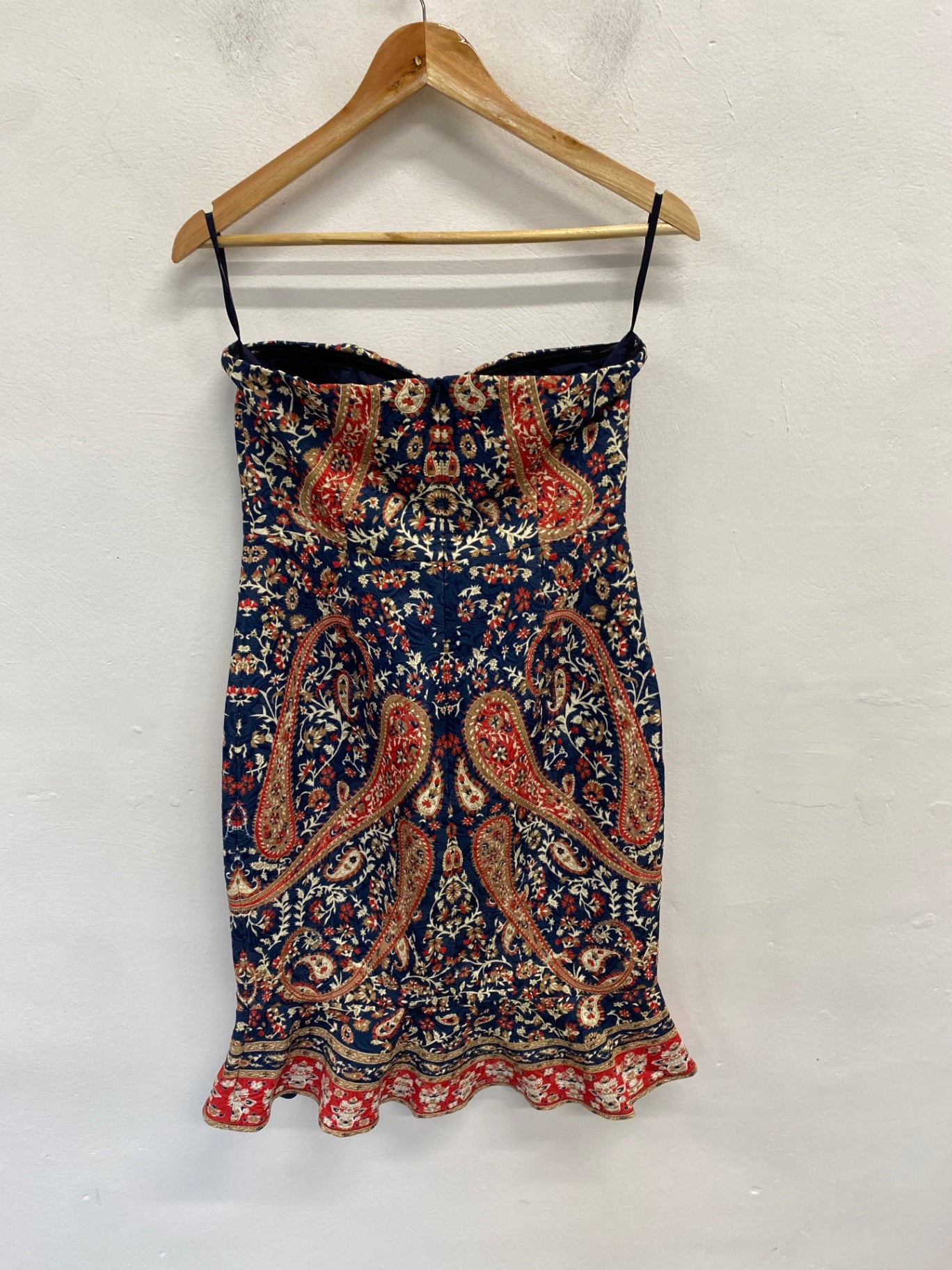 Stunning Comino couture Dress Uk 12 Paisley navy bandeau BB001