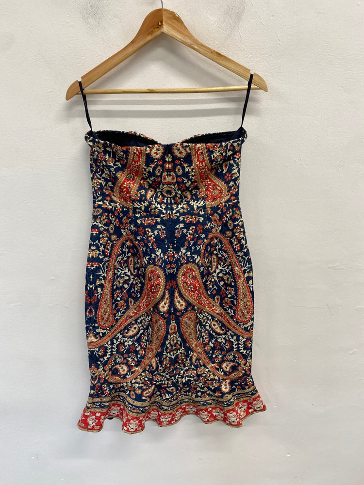 Stunning Comino couture Dress Uk 12 Paisley navy bandeau BB001