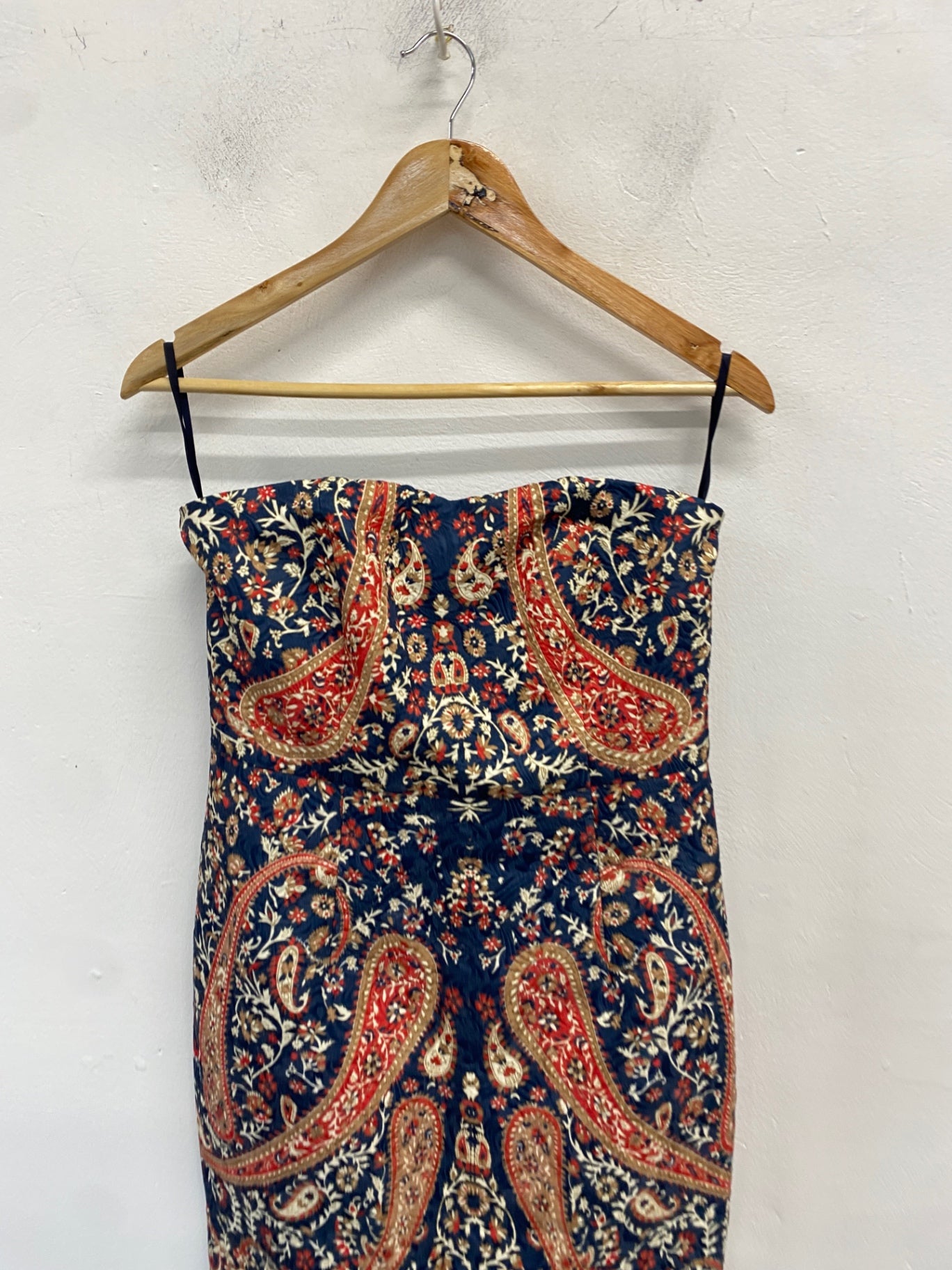 Stunning Comino couture Dress Uk 12 Paisley navy bandeau BB001