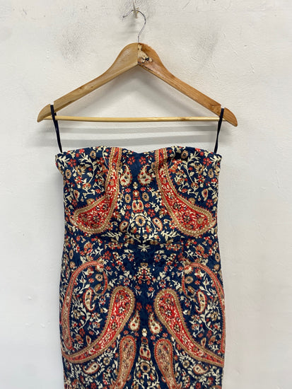 Stunning Comino couture Dress Uk 12 Paisley navy bandeau BB001