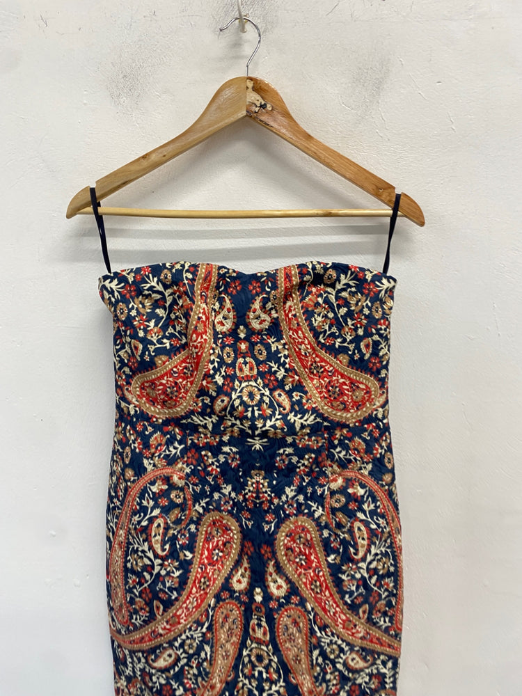 Stunning Comino couture Dress Uk 12 Paisley navy bandeau BB001