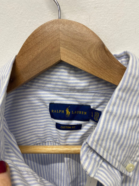 Stunning Polo Ralph Lauren Shirt L Light blue and white pinstripe Custom Fit AM006