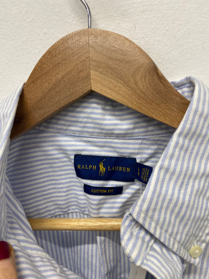 Stunning Polo Ralph Lauren Shirt L Light blue and white pinstripe Custom Fit AM006