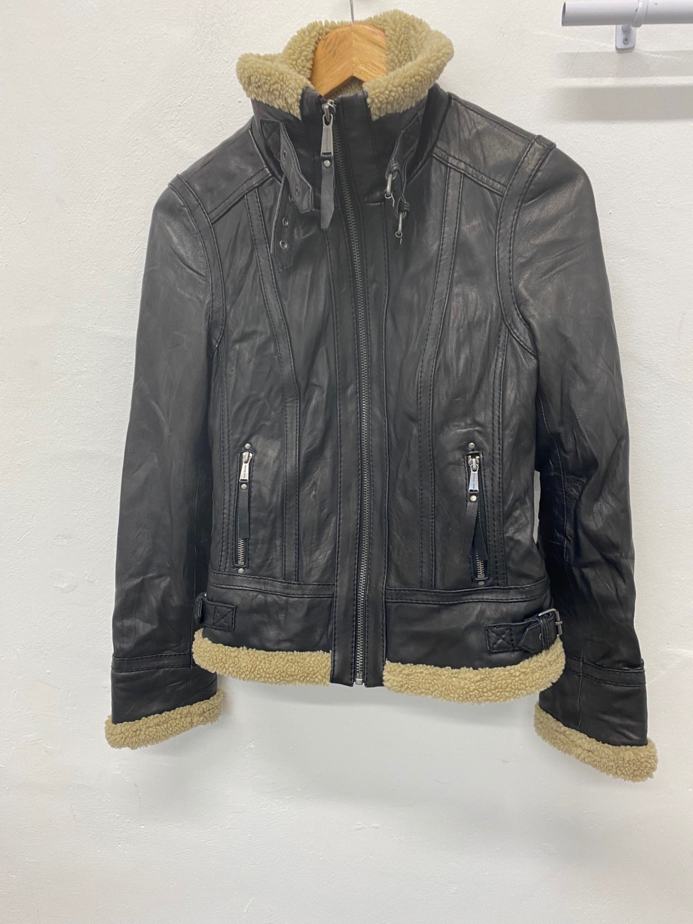 Stunning Michael Kors Leather shearling Jacket UK 10 Black Classic BB001