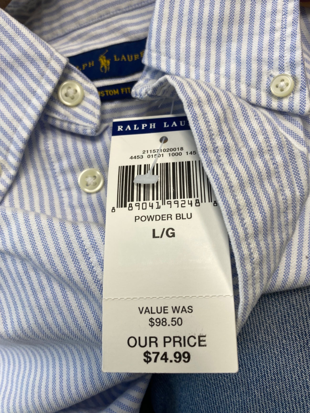 Stunning Polo Ralph Lauren Shirt L Light blue and white pinstripe Custom Fit AM006