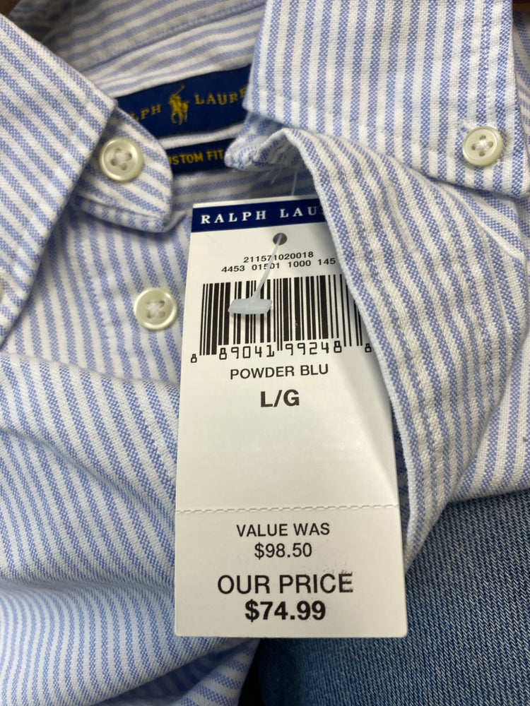 Stunning Polo Ralph Lauren Shirt L Light blue and white pinstripe Custom Fit AM006
