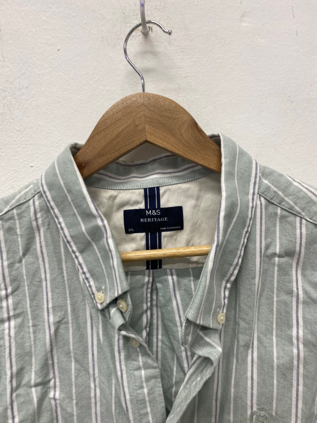 Stunning M&S Heritage Button-Up Shirt 3XL Green striped classic AM006