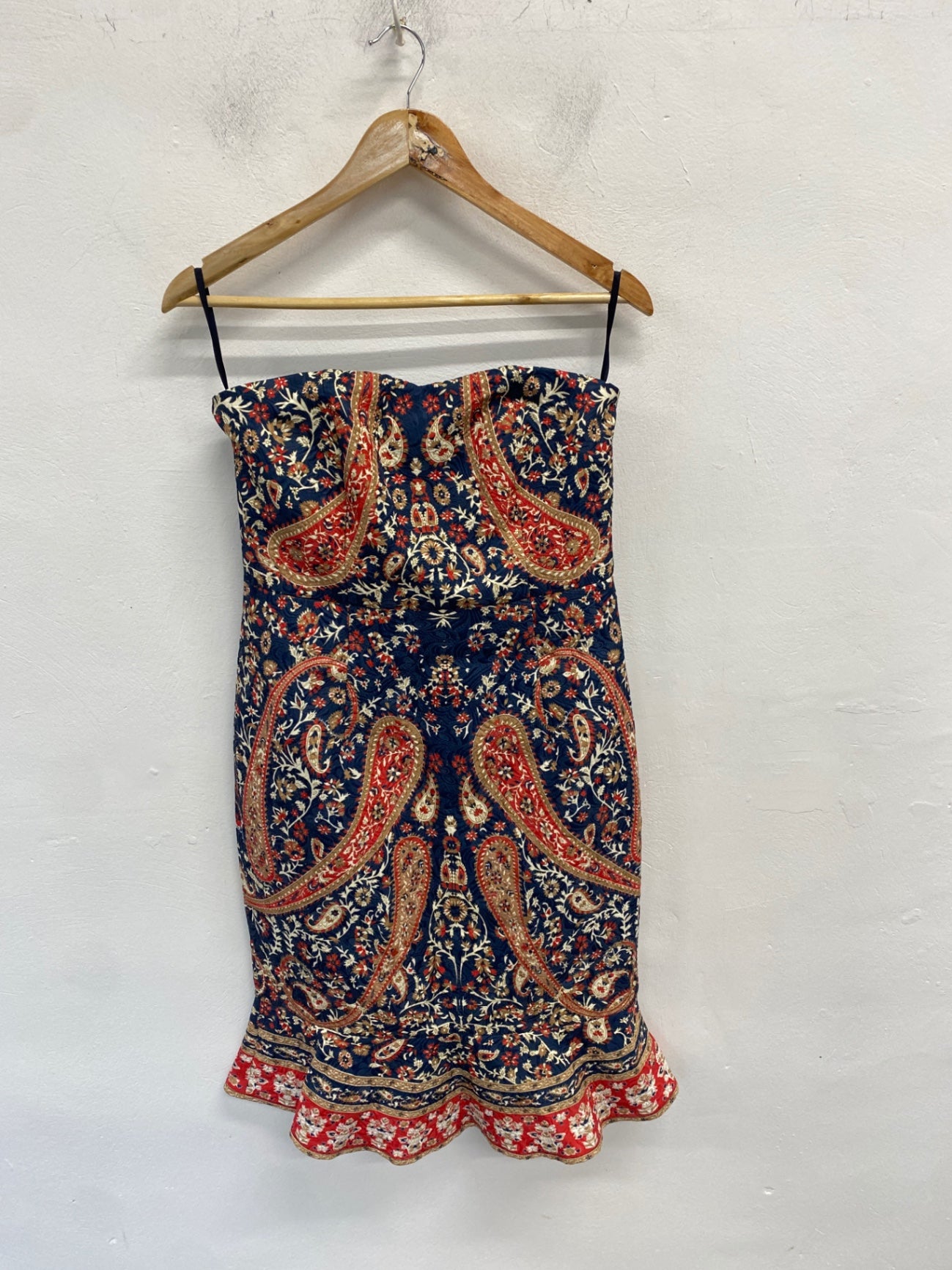 Stunning Comino couture Dress Uk 12 Paisley navy bandeau BB001