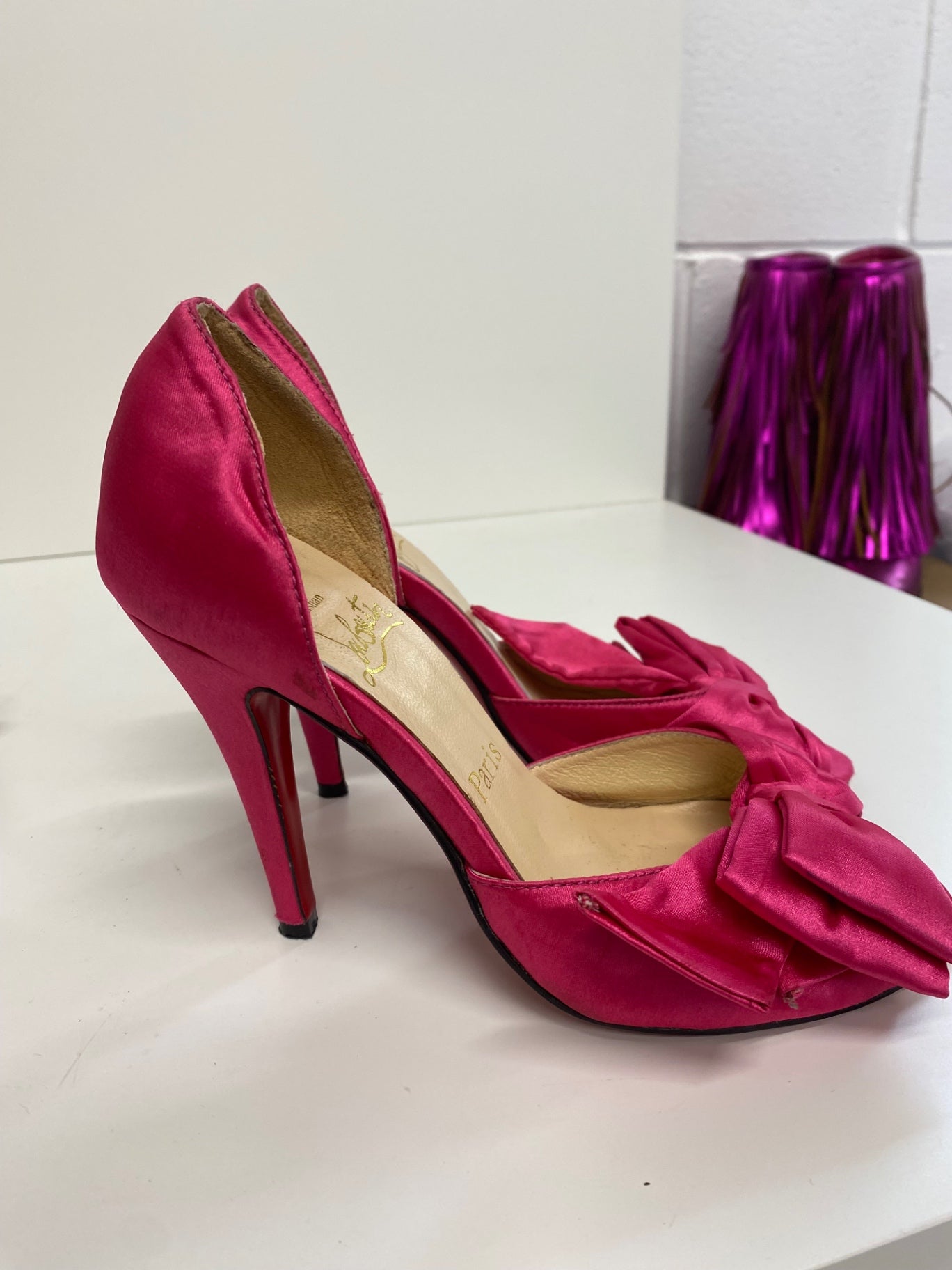 Classic Christian Louboutin High-heeled shoes UK3 Pink satin peep toe Bow BT001